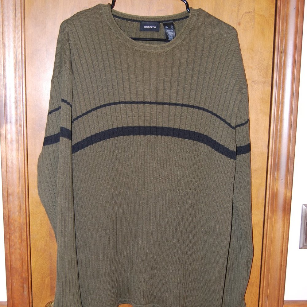 Claiborne Men XL Knit Loden Green Striped Pullover 100% Cotton Sweater V Neck